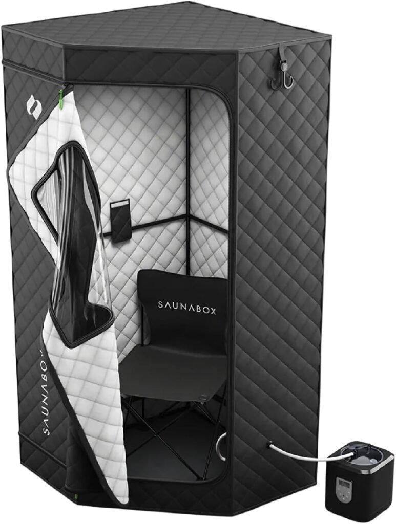 Portable steam sauna tent setup in home environment. SaunaBox Pro