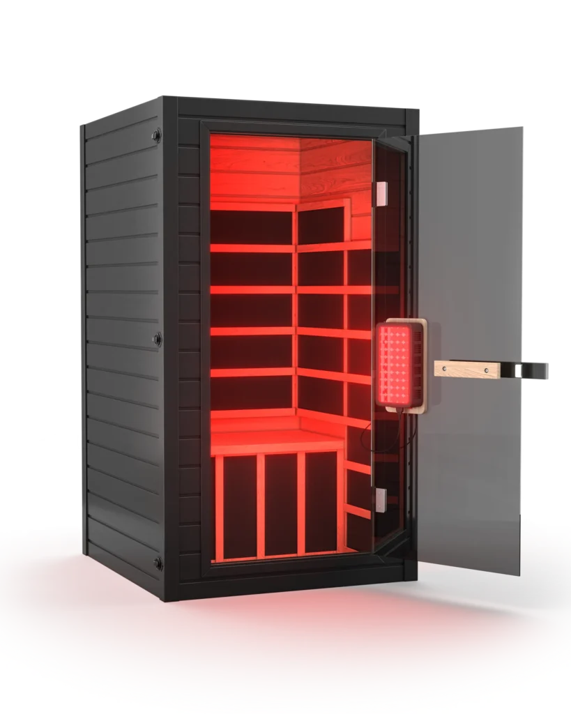 SaunaBox Solara 1-Person Full-Spectrum Infrared Sauna with Canadian Hemlock wood and collapsible frame